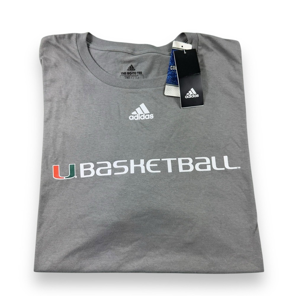 NWT Adidas Miami Hurricanes Basketball The Go-To Tee Shirt Spellout Mens 2XL